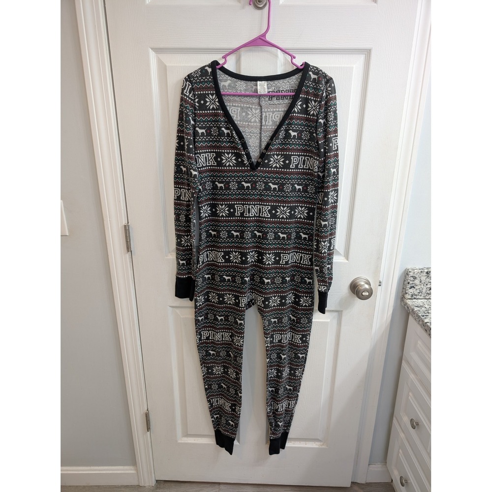 Victorias Secret PINK Fair Isle Thermal Christmas One Piece Pajama - Size L